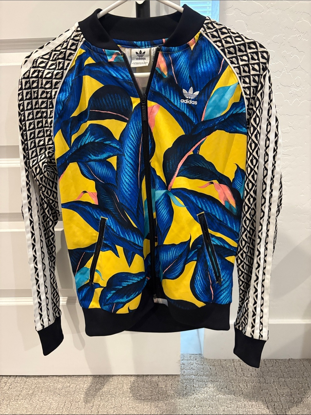 adidas Yellow Jacket with Bold Blue Tropical Print